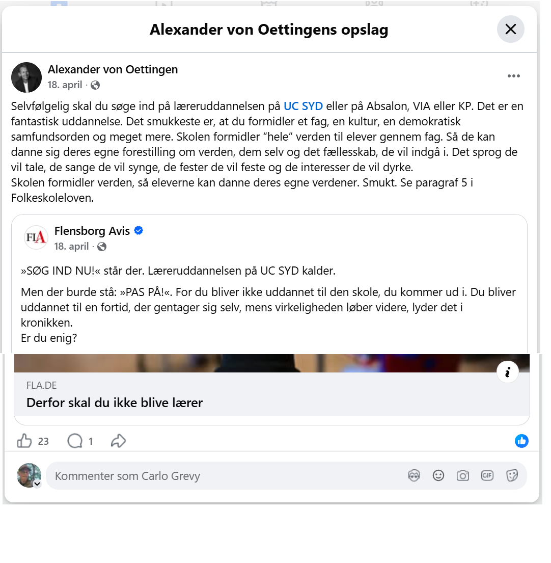 Skærmbillede af Alexander von Oettingens Facebook-opslag om læreruddannelsen