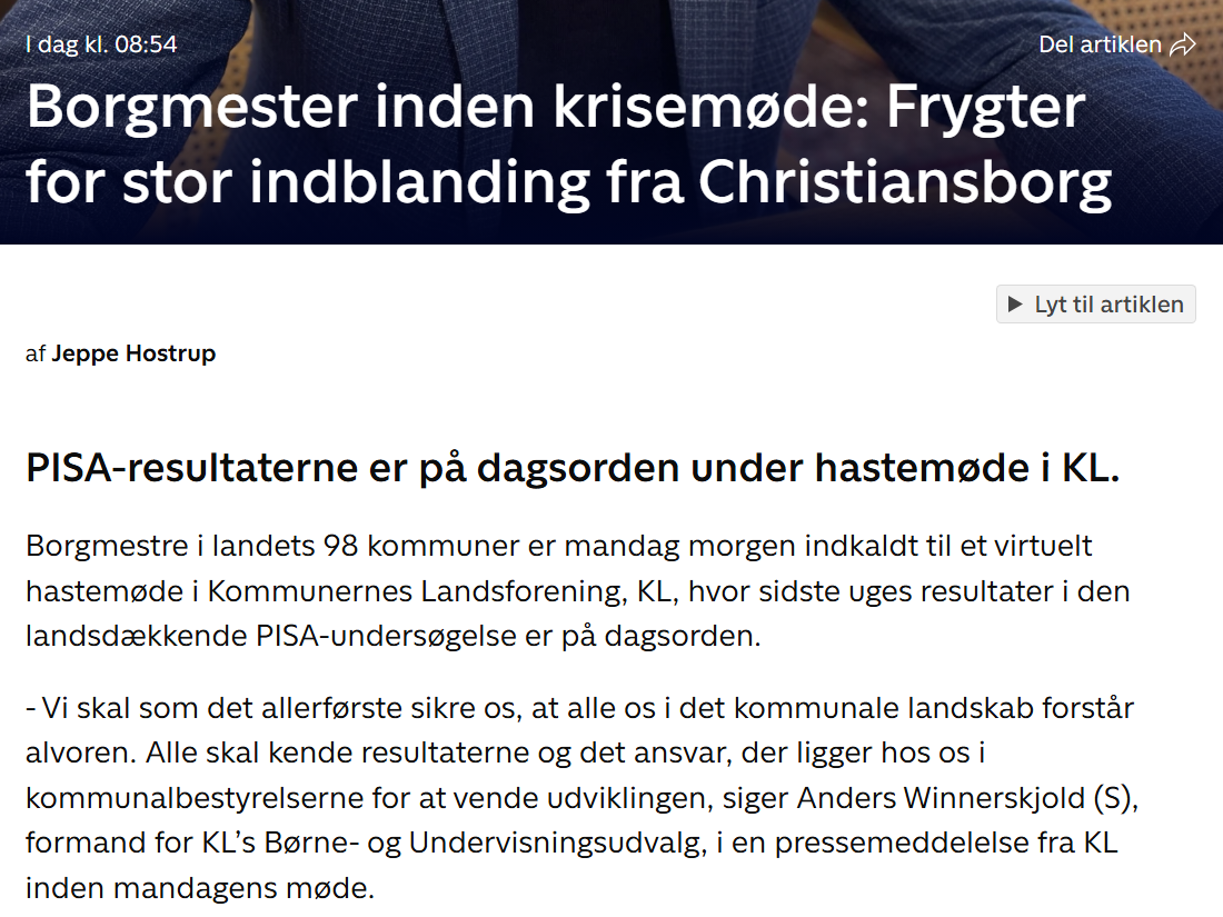 Artikeludklip om borgmesterens bekymring for indblanding fra Christiansborg før krisemødet i KL