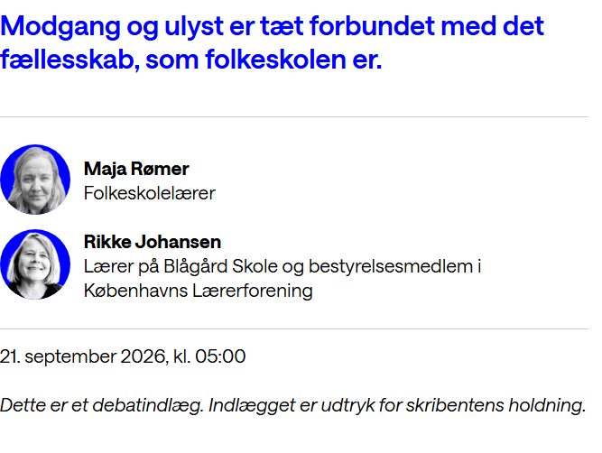 Udklip fra folkeskolen.dk om Maja Rømer og Rikke Johansens indlæg