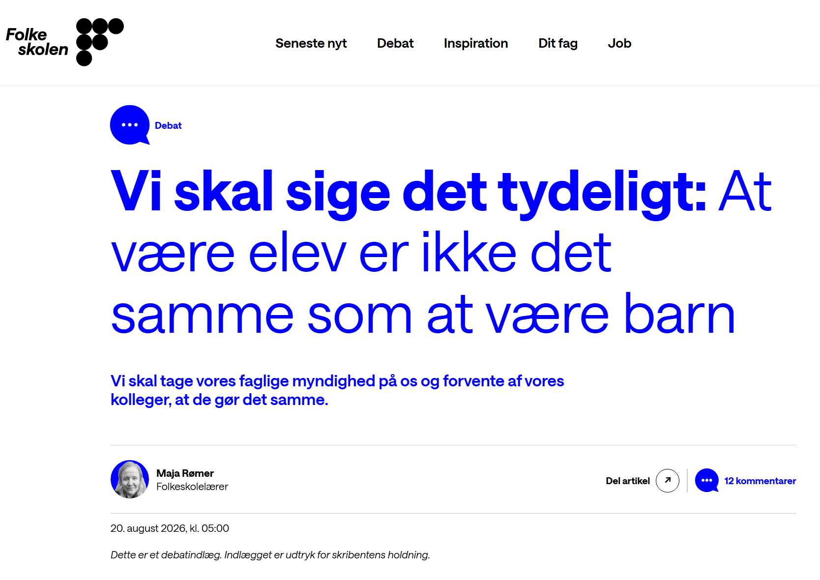 Maja Rømers debatindlæg på folkeskolen.dk